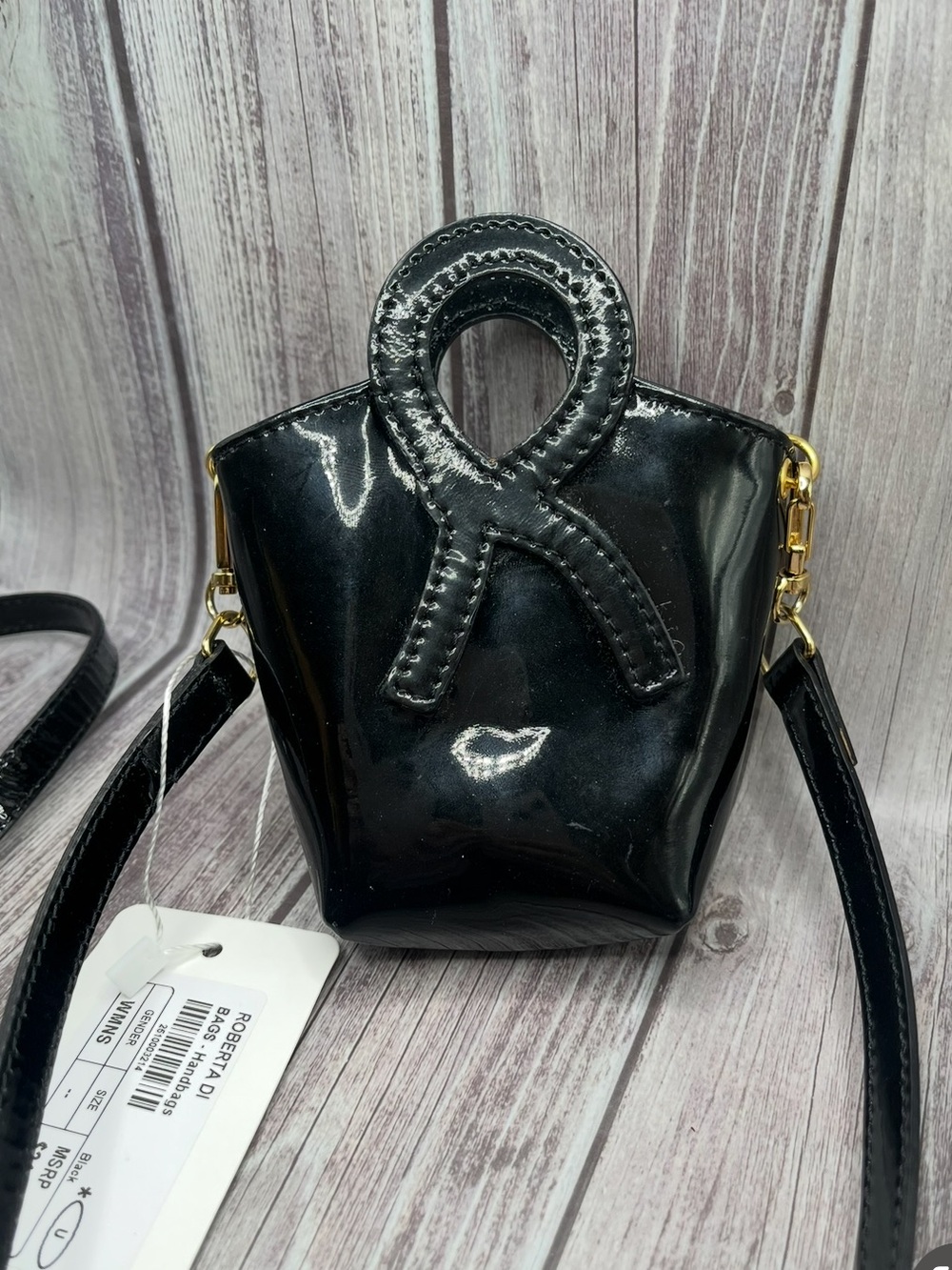 $248 NWT Roberta di Camerino Black Patent Glossy Mini Bucket Bag Micro Crossbody - Picture 5 of 16